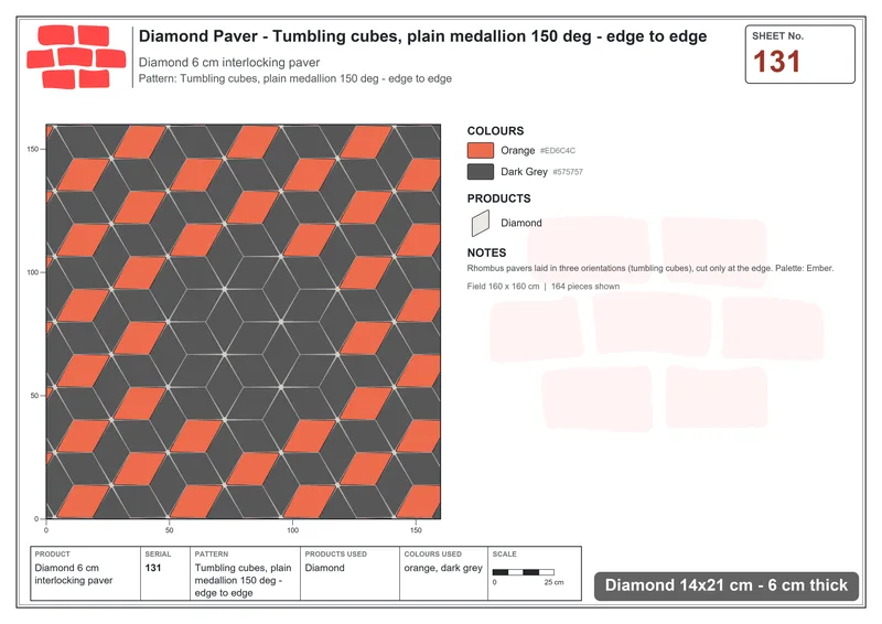 Interlock (Pasco) 14x21 cm · DIA-131 · Tumbling cubes, plain medallion 150 deg - edge to edge · Laying plan