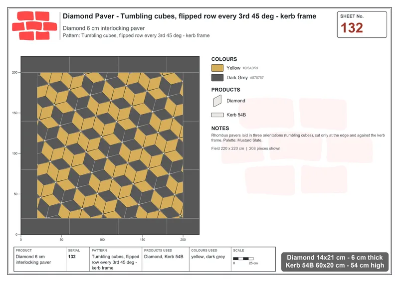 Interlock (Pasco) 14x21 cm · DIA-132 · Tumbling cubes, flipped row every 3rd 45 deg - kerb frame · Laying plan