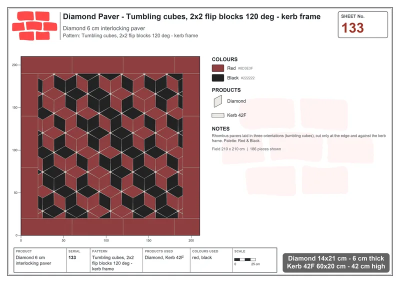 Interlock (Pasco) 14x21 cm · DIA-133 · Tumbling cubes, 2x2 flip blocks 120 deg - kerb frame · Laying plan