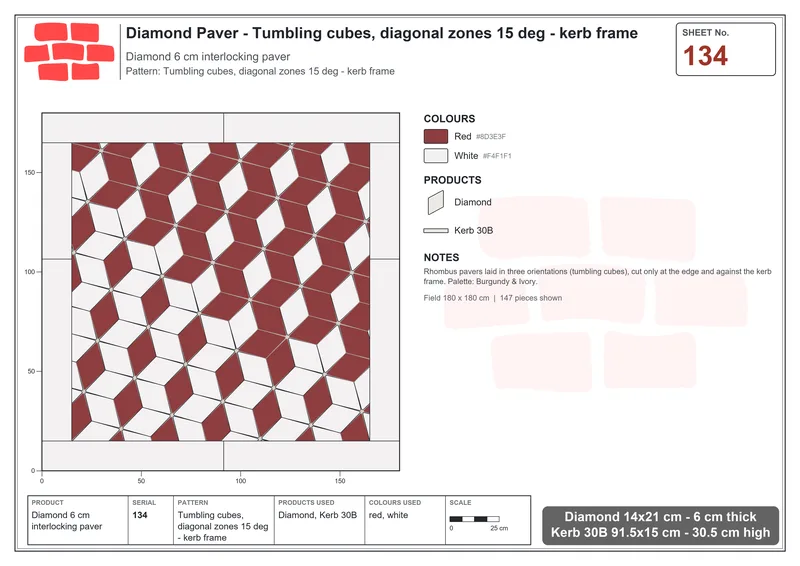 Interlock (Pasco) 14x21 cm · DIA-134 · Tumbling cubes, diagonal zones 15 deg - kerb frame · Laying plan