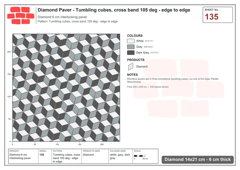 Interlock (Pasco) 14x21 cm · DIA-135 · Tumbling cubes, cross band 105 deg - edge to edge · Laying plan