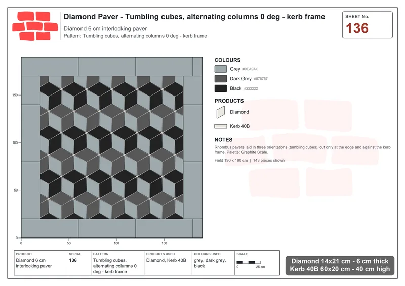 Interlock (Pasco) 14x21 cm · DIA-136 · Tumbling cubes, alternating columns 0 deg - kerb frame · Laying plan