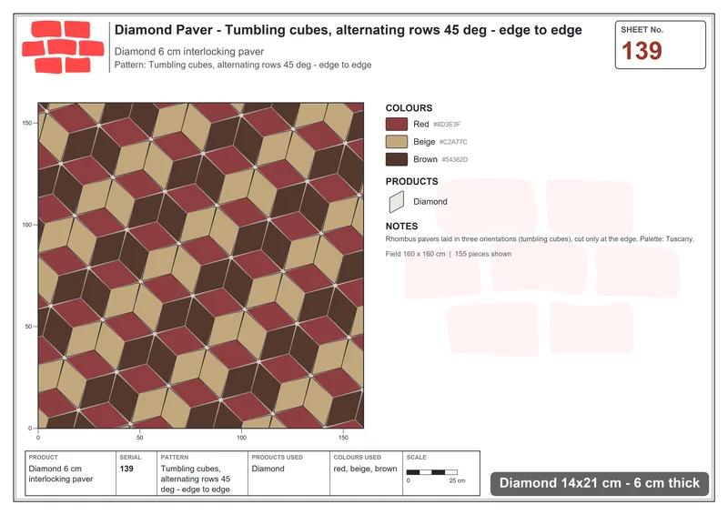 Interlock (Pasco) 14x21 cm · DIA-139 · Tumbling cubes, alternating rows 45 deg - edge to edge · Laying plan