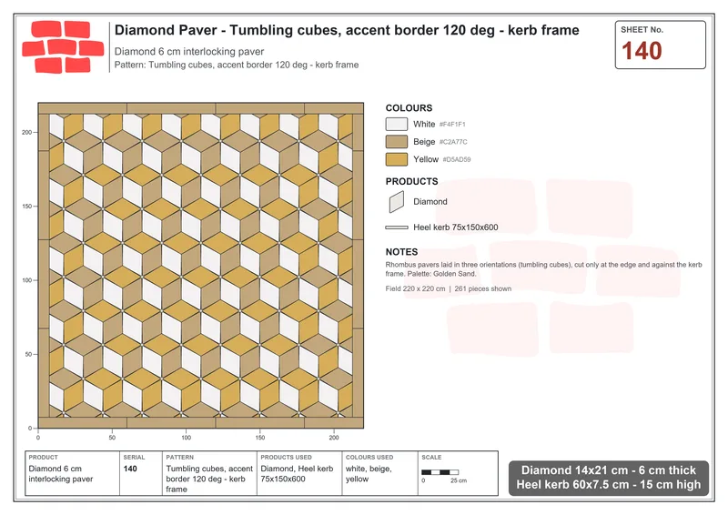 Interlock (Pasco) 14x21 cm · DIA-140 · Tumbling cubes, accent border 120 deg - kerb frame · Laying plan