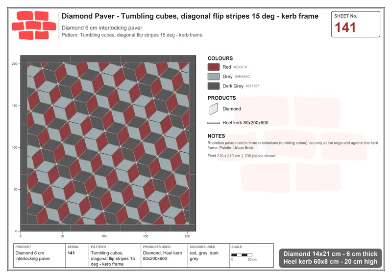 Interlock (Pasco) 14x21 cm · DIA-141 · Tumbling cubes, diagonal flip stripes 15 deg - kerb frame · Laying plan