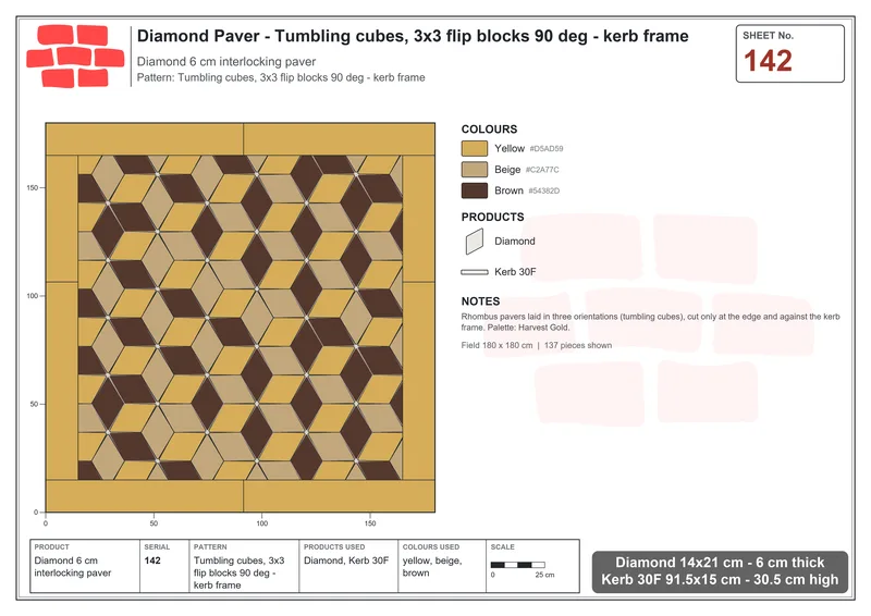 Interlock (Pasco) 14x21 cm · DIA-142 · Tumbling cubes, 3x3 flip blocks 90 deg - kerb frame · Laying plan