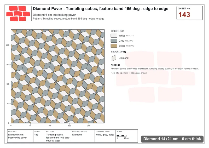 Interlock (Pasco) 14x21 cm · DIA-143 · Tumbling cubes, feature band 165 deg - edge to edge · Laying plan