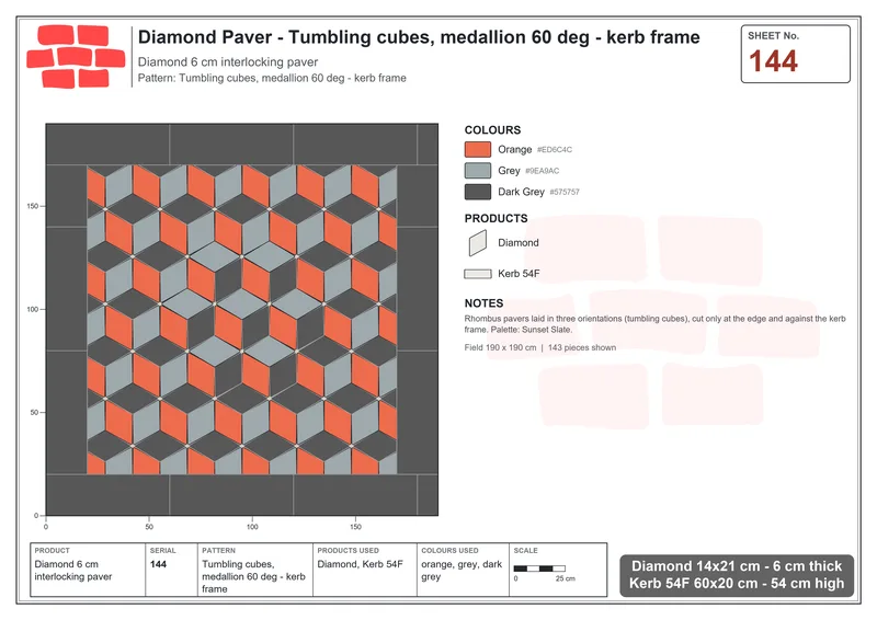 Interlock (Pasco) 14x21 cm · DIA-144 · Tumbling cubes, medallion 60 deg - kerb frame · Laying plan