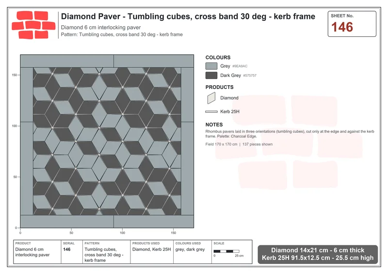 Interlock (Pasco) 14x21 cm · DIA-146 · Tumbling cubes, cross band 30 deg - kerb frame · Laying plan