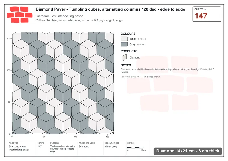 Interlock (Pasco) 14x21 cm · DIA-147 · Tumbling cubes, alternating columns 120 deg - edge to edge · Laying plan