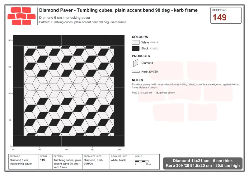 Interlock (Pasco) 14x21 cm · DIA-149 · Tumbling cubes, plain accent band 90 deg - kerb frame · Laying plan