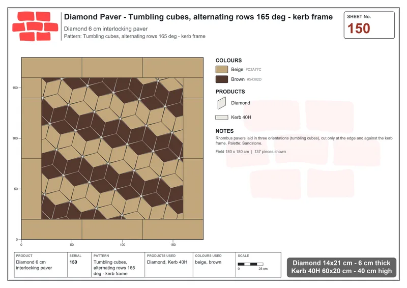 Interlock (Pasco) 14x21 cm · DIA-150 · Tumbling cubes, alternating rows 165 deg - kerb frame · Laying plan