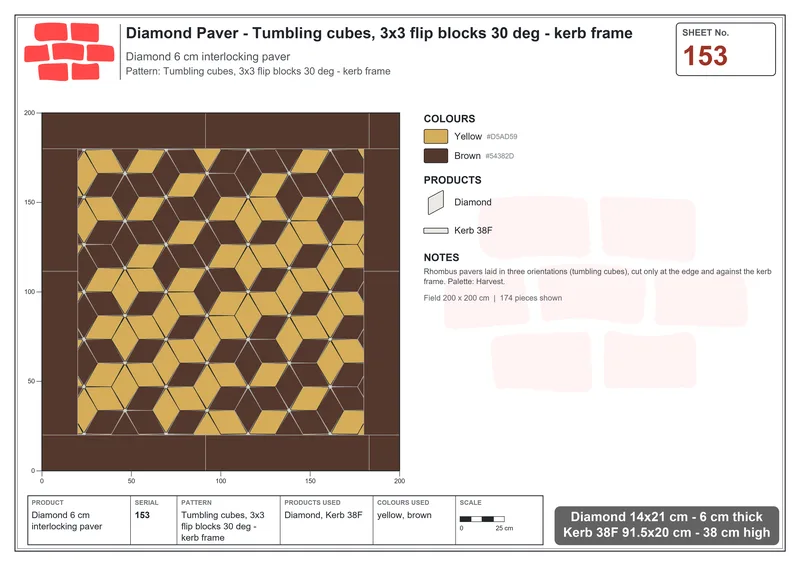 Interlock (Pasco) 14x21 cm · DIA-153 · Tumbling cubes, 3x3 flip blocks 30 deg - kerb frame · Laying plan