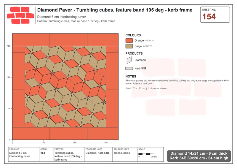 Interlock (Pasco) 14x21 cm · DIA-154 · Tumbling cubes, feature band 105 deg - kerb frame · Laying plan