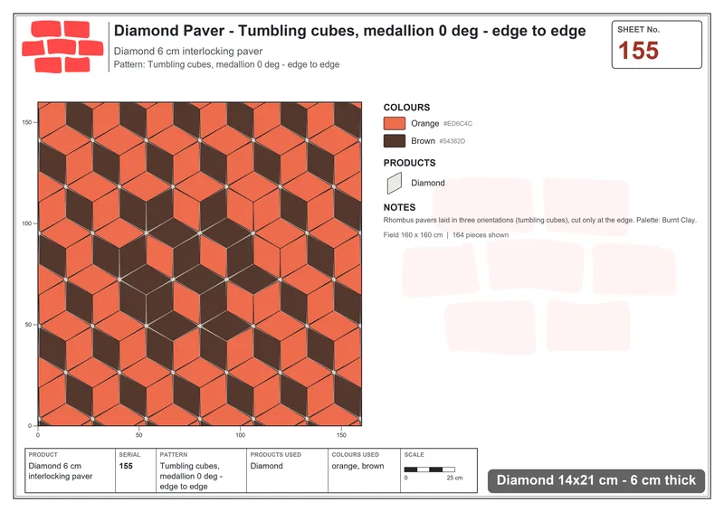 Interlock (Pasco) 14x21 cm · DIA-155 · Tumbling cubes, medallion 0 deg - edge to edge · Laying plan