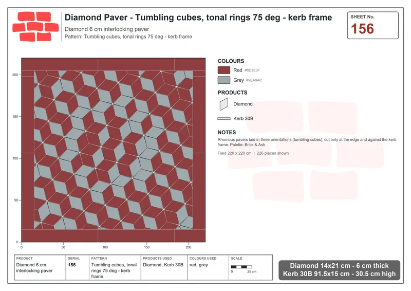Interlock (Pasco) 14x21 cm · DIA-156 · Tumbling cubes, tonal rings 75 deg - kerb frame · Laying plan