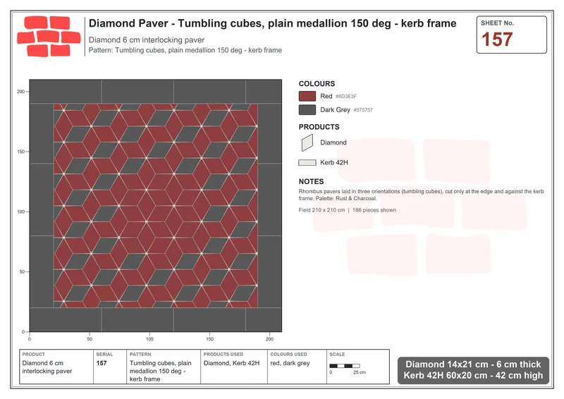 Interlock (Pasco) 14x21 cm · DIA-157 · Tumbling cubes, plain medallion 150 deg - kerb frame · Laying plan