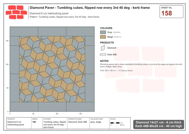 Interlock (Pasco) 14x21 cm · DIA-158 · Tumbling cubes, flipped row every 3rd 45 deg - kerb frame · Laying plan