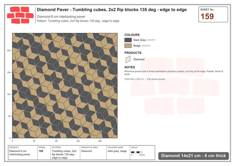 Interlock (Pasco) 14x21 cm · DIA-159 · Tumbling cubes, 2x2 flip blocks 135 deg - edge to edge · Laying plan