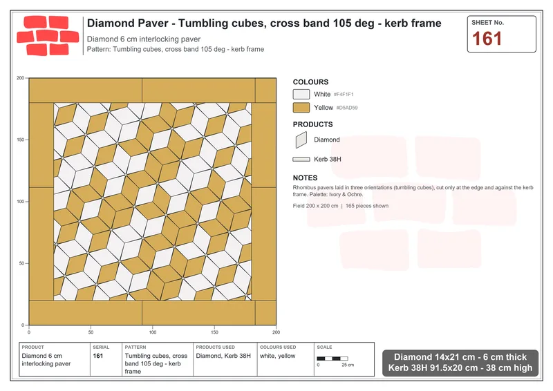 Interlock (Pasco) 14x21 cm · DIA-161 · Tumbling cubes, cross band 105 deg - kerb frame · Laying plan