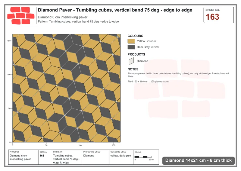 Interlock (Pasco) 14x21 cm · DIA-163 · Tumbling cubes, vertical band 75 deg - edge to edge · Laying plan