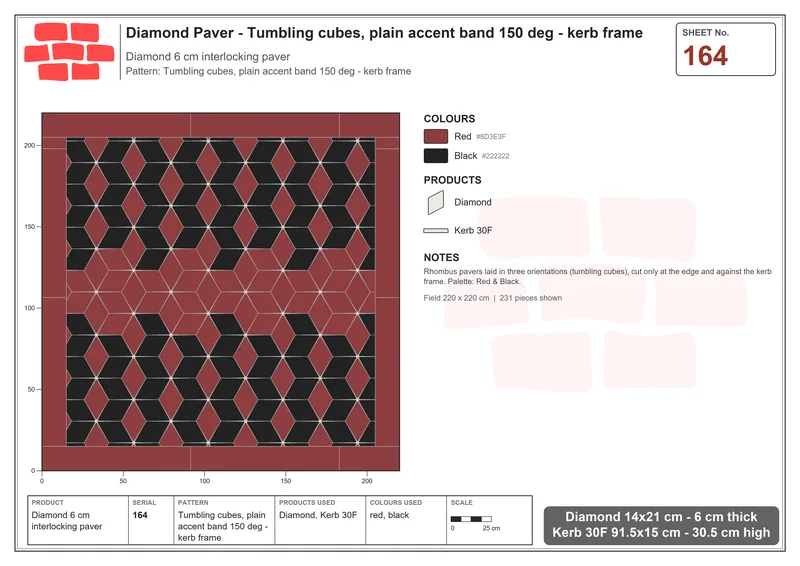 Interlock (Pasco) 14x21 cm · DIA-164 · Tumbling cubes, plain accent band 150 deg - kerb frame · Laying plan
