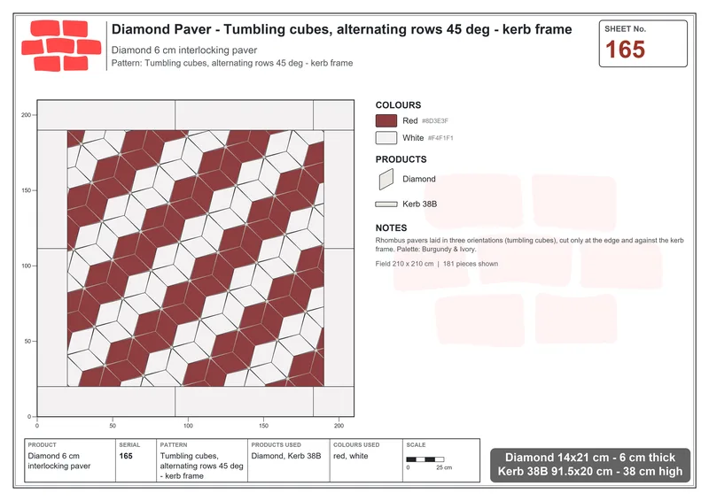 Interlock (Pasco) 14x21 cm · DIA-165 · Tumbling cubes, alternating rows 45 deg - kerb frame · Laying plan