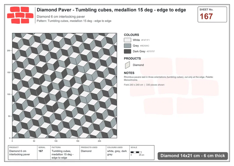 Interlock (Pasco) 14x21 cm · DIA-167 · Tumbling cubes, medallion 15 deg - edge to edge · Laying plan