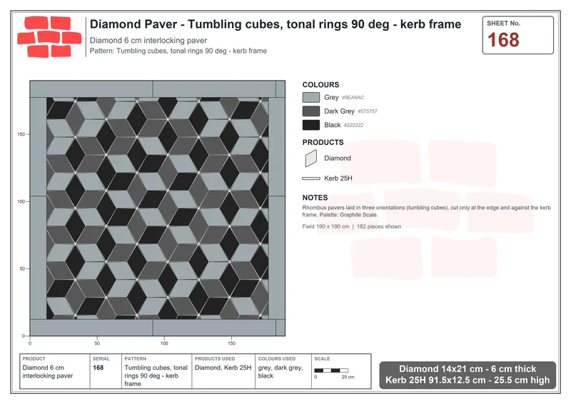 Interlock (Pasco) 14x21 cm · DIA-168 · Tumbling cubes, tonal rings 90 deg - kerb frame · Laying plan