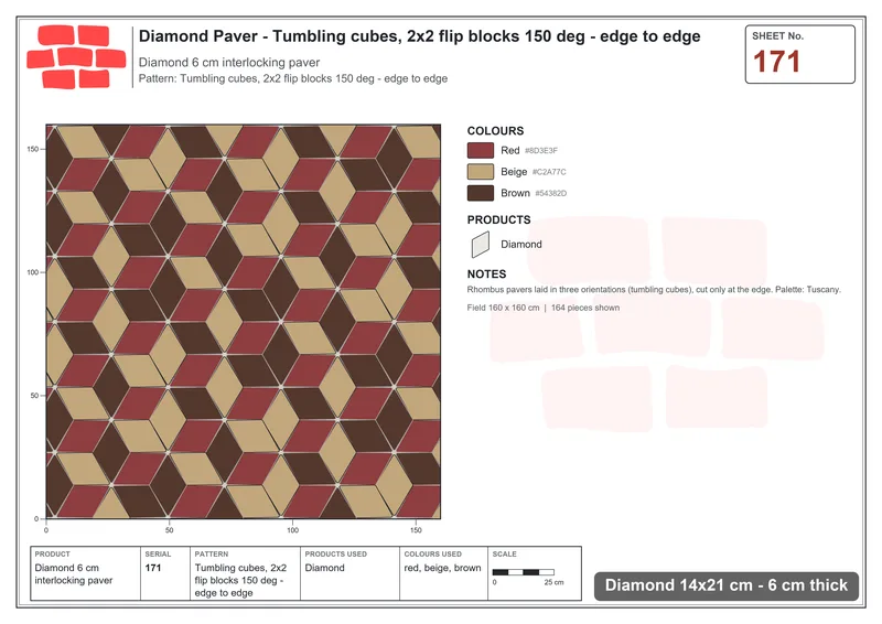 Interlock (Pasco) 14x21 cm · DIA-171 · Tumbling cubes, 2x2 flip blocks 150 deg - edge to edge · Laying plan