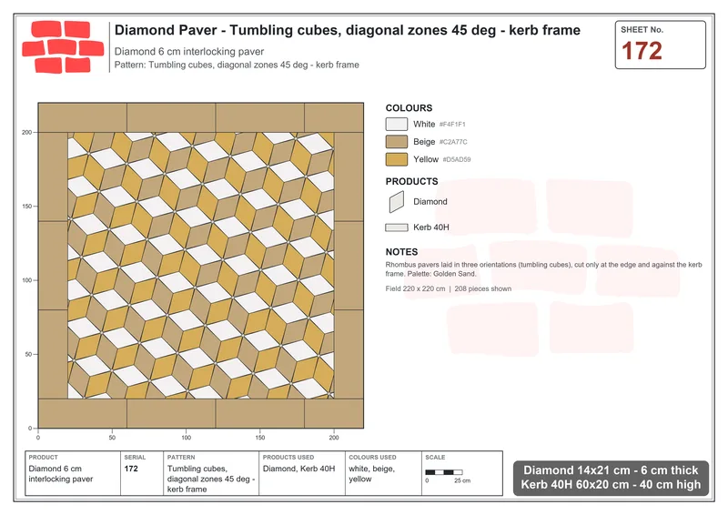 Interlock (Pasco) 14x21 cm · DIA-172 · Tumbling cubes, diagonal zones 45 deg - kerb frame · Laying plan