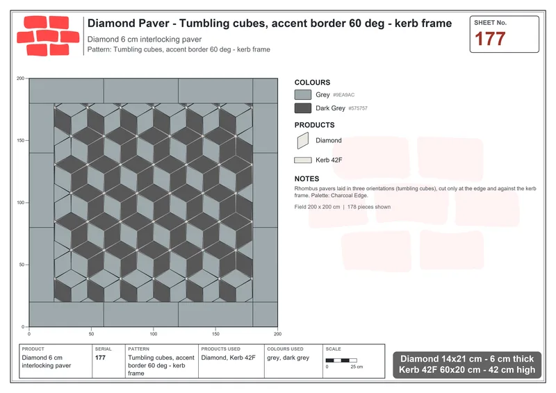 Interlock (Pasco) 14x21 cm · DIA-177 · Tumbling cubes, accent border 60 deg - kerb frame · Laying plan