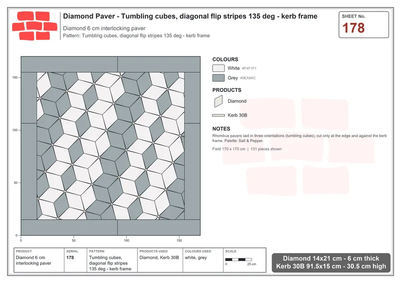Interlock (Pasco) 14x21 cm · DIA-178 · Tumbling cubes, diagonal flip stripes 135 deg - kerb frame · Laying plan