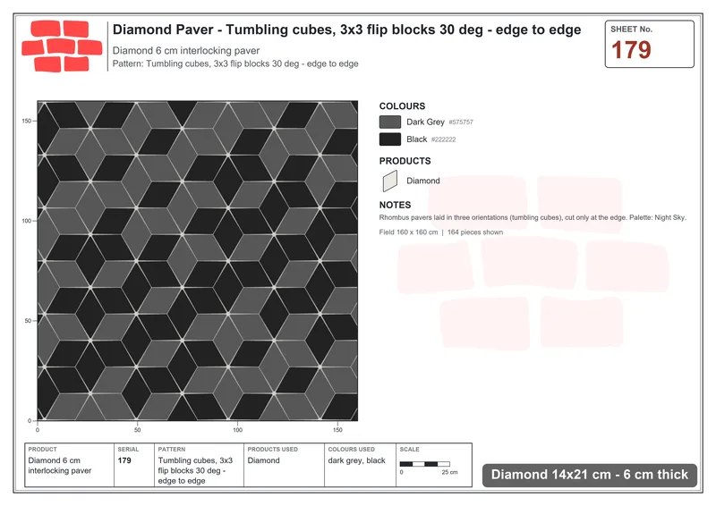Interlock (Pasco) 14x21 cm · DIA-179 · Tumbling cubes, 3x3 flip blocks 30 deg - edge to edge · Laying plan
