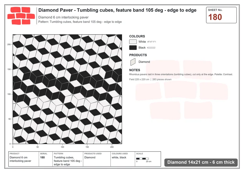 Interlock (Pasco) 14x21 cm · DIA-180 · Tumbling cubes, feature band 105 deg - edge to edge · Laying plan