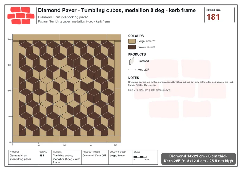 Interlock (Pasco) 14x21 cm · DIA-181 · Tumbling cubes, medallion 0 deg - kerb frame · Laying plan