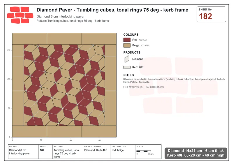 Interlock (Pasco) 14x21 cm · DIA-182 · Tumbling cubes, tonal rings 75 deg - kerb frame · Laying plan