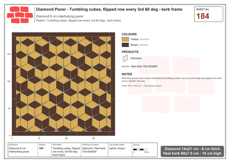 Interlock (Pasco) 14x21 cm · DIA-184 · Tumbling cubes, flipped row every 3rd 60 deg - kerb frame · Laying plan