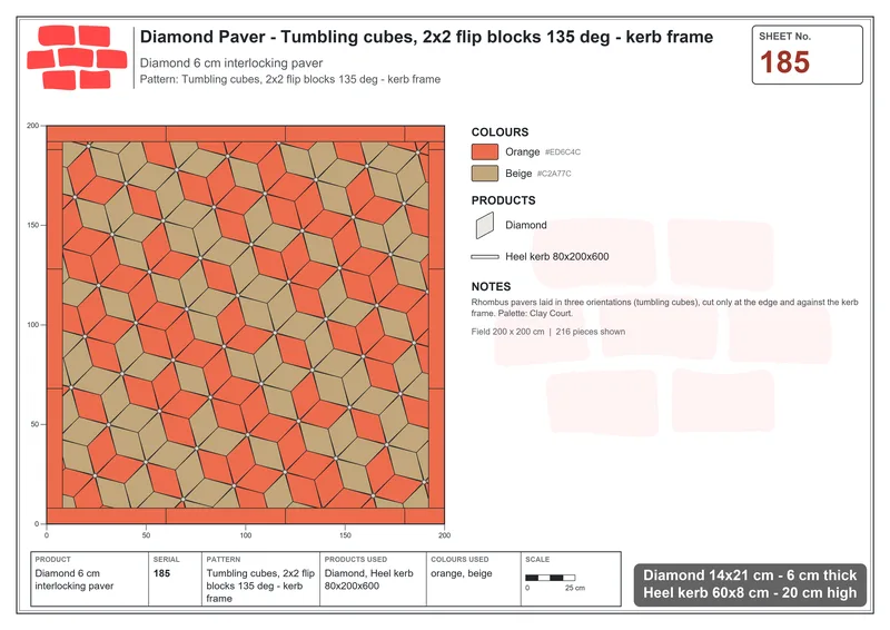 Interlock (Pasco) 14x21 cm · DIA-185 · Tumbling cubes, 2x2 flip blocks 135 deg - kerb frame · Laying plan