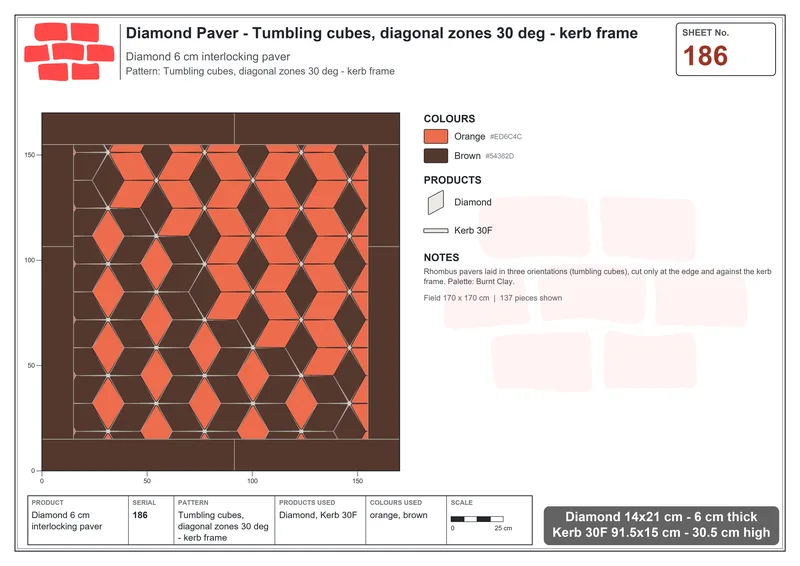Interlock (Pasco) 14x21 cm · DIA-186 · Tumbling cubes, diagonal zones 30 deg - kerb frame · Laying plan