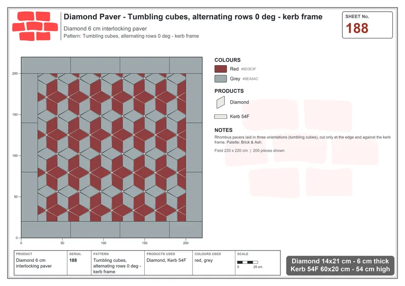 Interlock (Pasco) 14x21 cm · DIA-188 · Tumbling cubes, alternating rows 0 deg - kerb frame · Laying plan