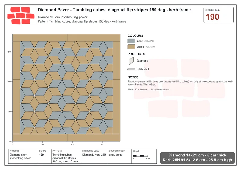 Interlock (Pasco) 14x21 cm · DIA-190 · Tumbling cubes, diagonal flip stripes 150 deg - kerb frame · Laying plan