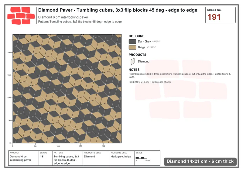 Interlock (Pasco) 14x21 cm · DIA-191 · Tumbling cubes, 3x3 flip blocks 45 deg - edge to edge · Laying plan