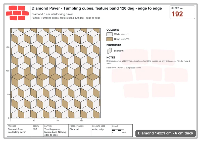 Interlock (Pasco) 14x21 cm · DIA-192 · Tumbling cubes, feature band 120 deg - edge to edge · Laying plan