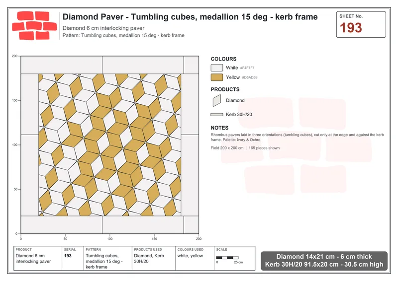 Interlock (Pasco) 14x21 cm · DIA-193 · Tumbling cubes, medallion 15 deg - kerb frame · Laying plan