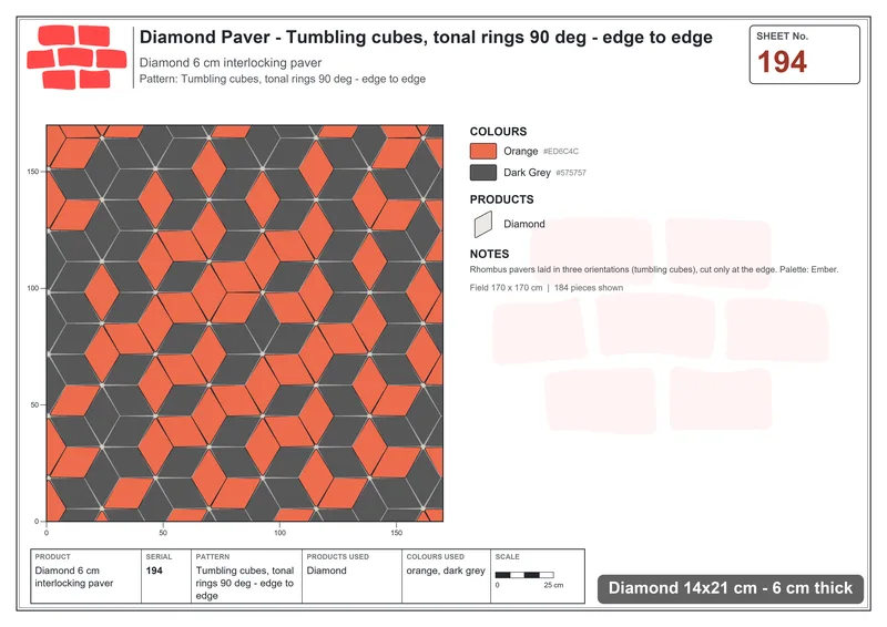 Interlock (Pasco) 14x21 cm · DIA-194 · Tumbling cubes, tonal rings 90 deg - edge to edge · Laying plan