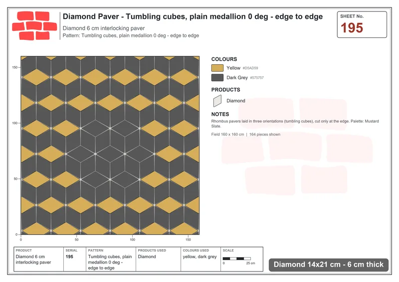 Interlock (Pasco) 14x21 cm · DIA-195 · Tumbling cubes, plain medallion 0 deg - edge to edge · Laying plan