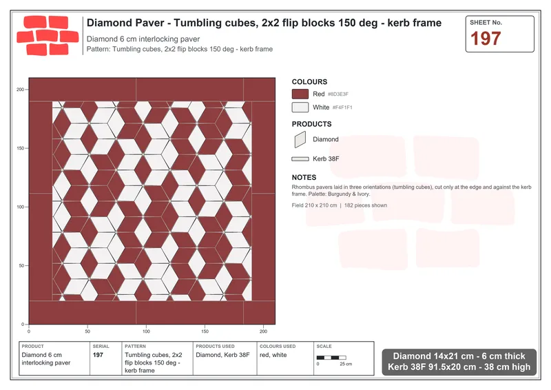 Interlock (Pasco) 14x21 cm · DIA-197 · Tumbling cubes, 2x2 flip blocks 150 deg - kerb frame · Laying plan