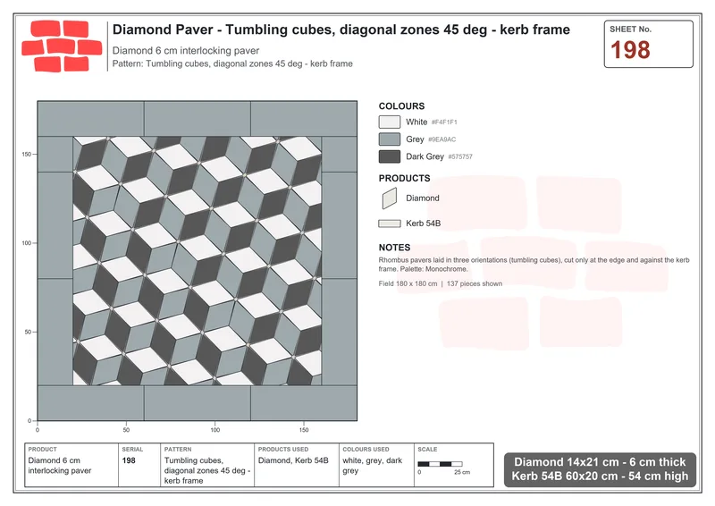 Interlock (Pasco) 14x21 cm · DIA-198 · Tumbling cubes, diagonal zones 45 deg - kerb frame · Laying plan