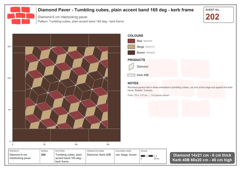 Interlock (Pasco) 14x21 cm · DIA-202 · Tumbling cubes, plain accent band 165 deg - kerb frame · Laying plan